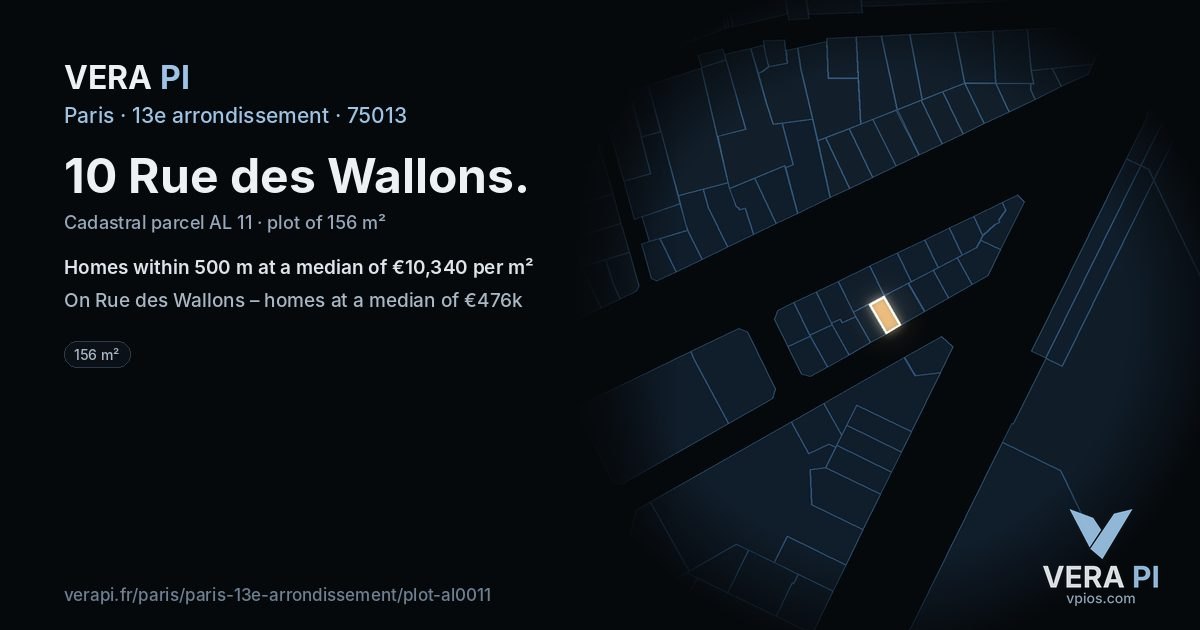 10 Rue des Wallons, 13e arrondissement at night – the plot lit, the parcels around coloured by the prices near them