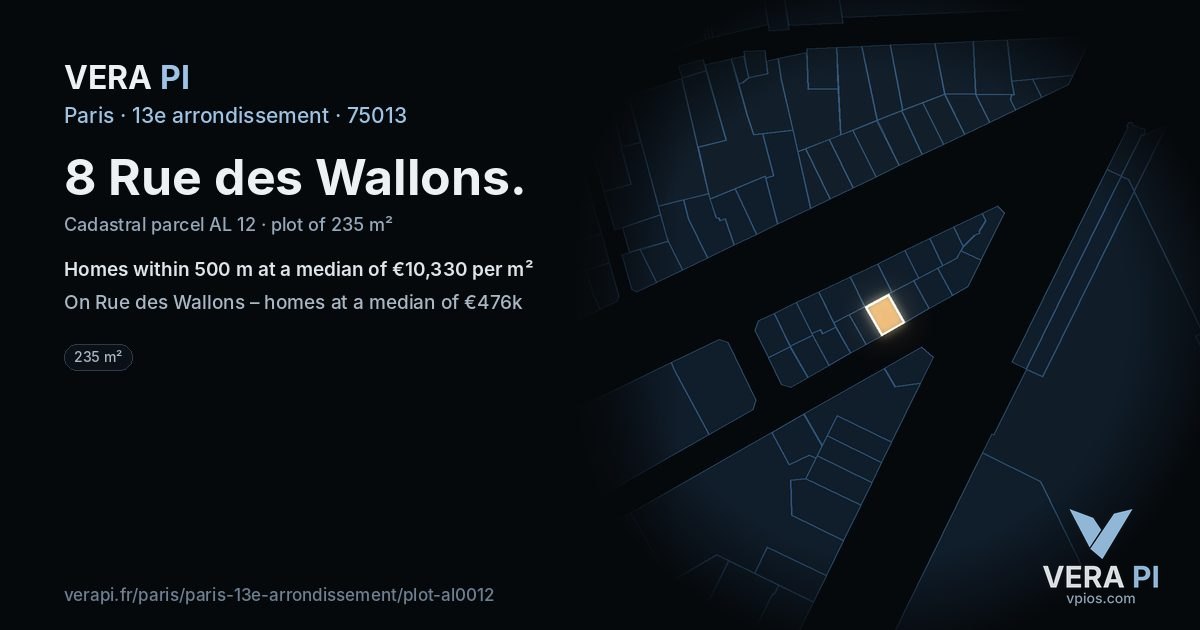 8 Rue des Wallons, 13e arrondissement at night – the plot lit, the parcels around coloured by the prices near them