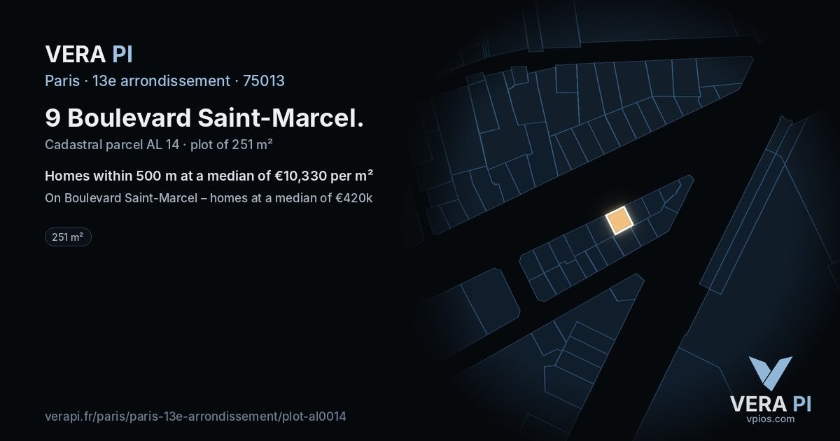 9 Boulevard Saint-Marcel, 13e arrondissement at night – the plot lit, the parcels around coloured by the prices near them