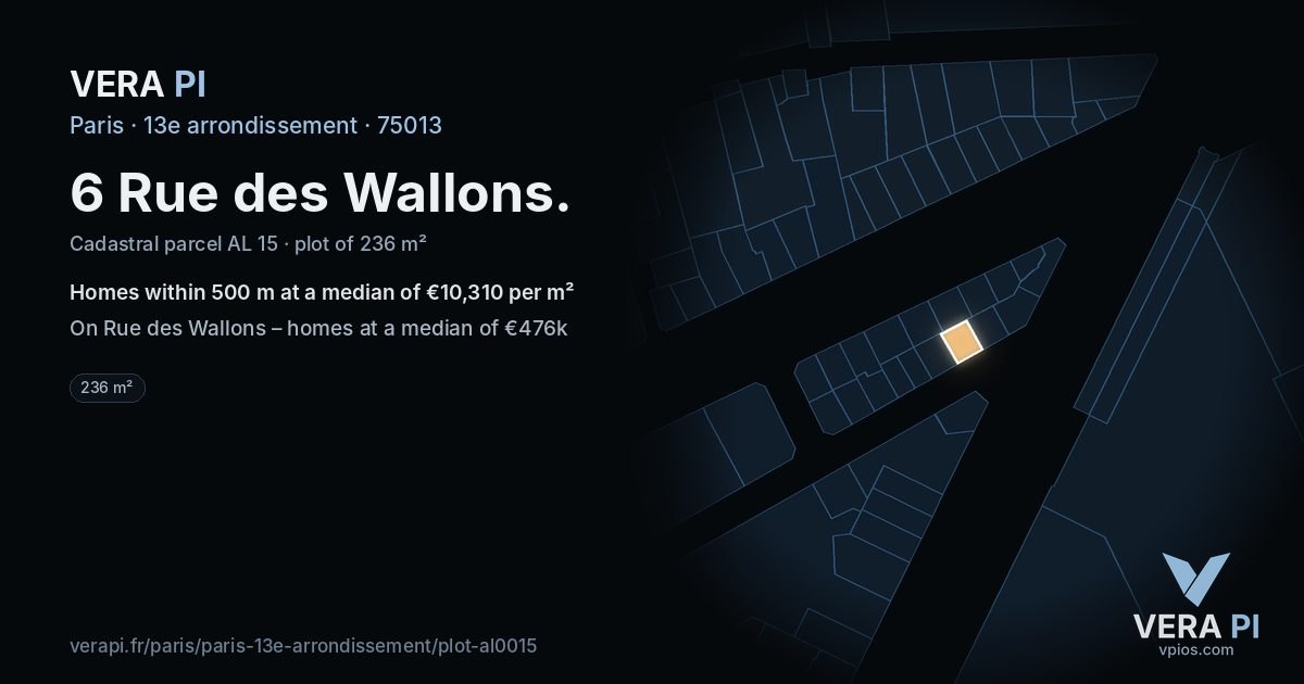 6 Rue des Wallons, 13e arrondissement at night – the plot lit, the parcels around coloured by the prices near them