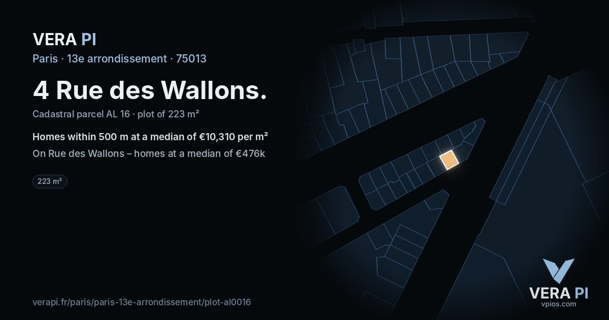 4 Rue des Wallons, 13e arrondissement at night – the plot lit, the parcels around coloured by the prices near them