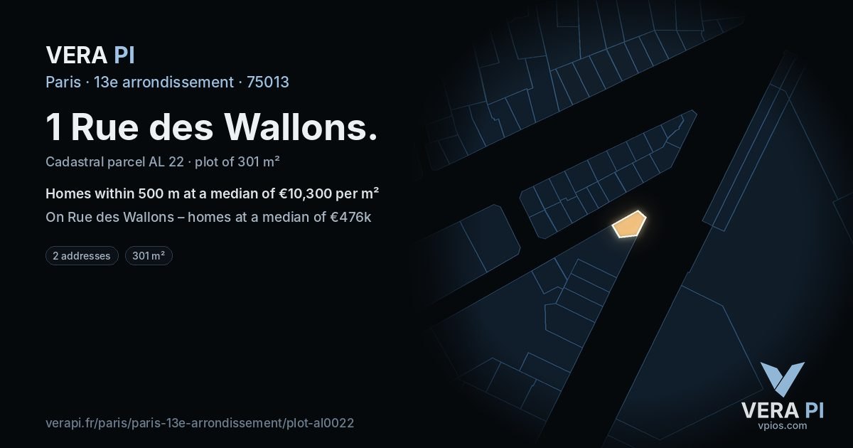 1 Rue des Wallons, 13e arrondissement at night – the plot lit, the parcels around coloured by the prices near them