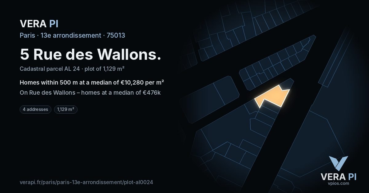 5 Rue des Wallons, 13e arrondissement at night – the plot lit, the parcels around coloured by the prices near them