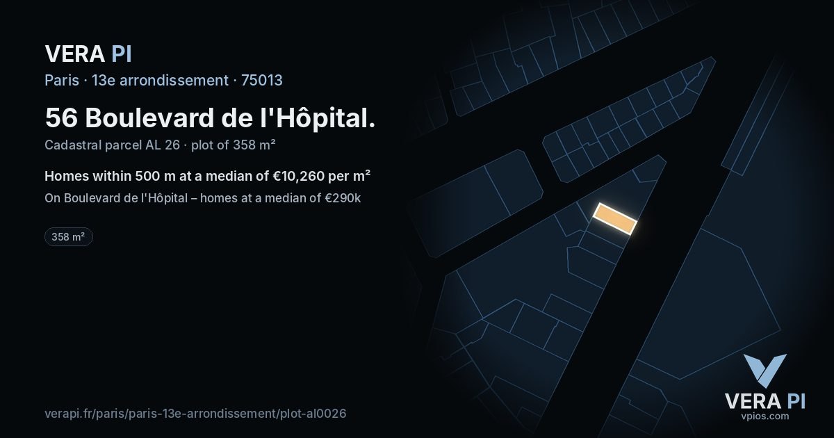 56 Boulevard de l'Hôpital, 13e arrondissement at night – the plot lit, the parcels around coloured by the prices near them