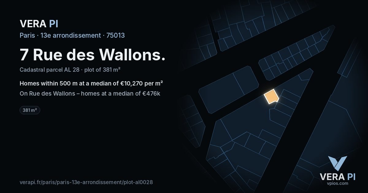 7 Rue des Wallons, 13e arrondissement at night – the plot lit, the parcels around coloured by the prices near them