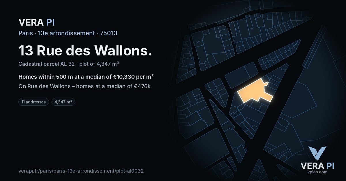 13 Rue des Wallons, 13e arrondissement at night – the plot lit, the parcels around coloured by the prices near them