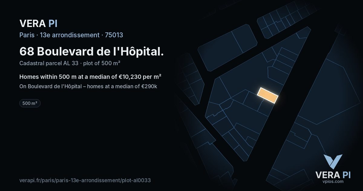 68 Boulevard de l'Hôpital, 13e arrondissement at night – the plot lit, the parcels around coloured by the prices near them