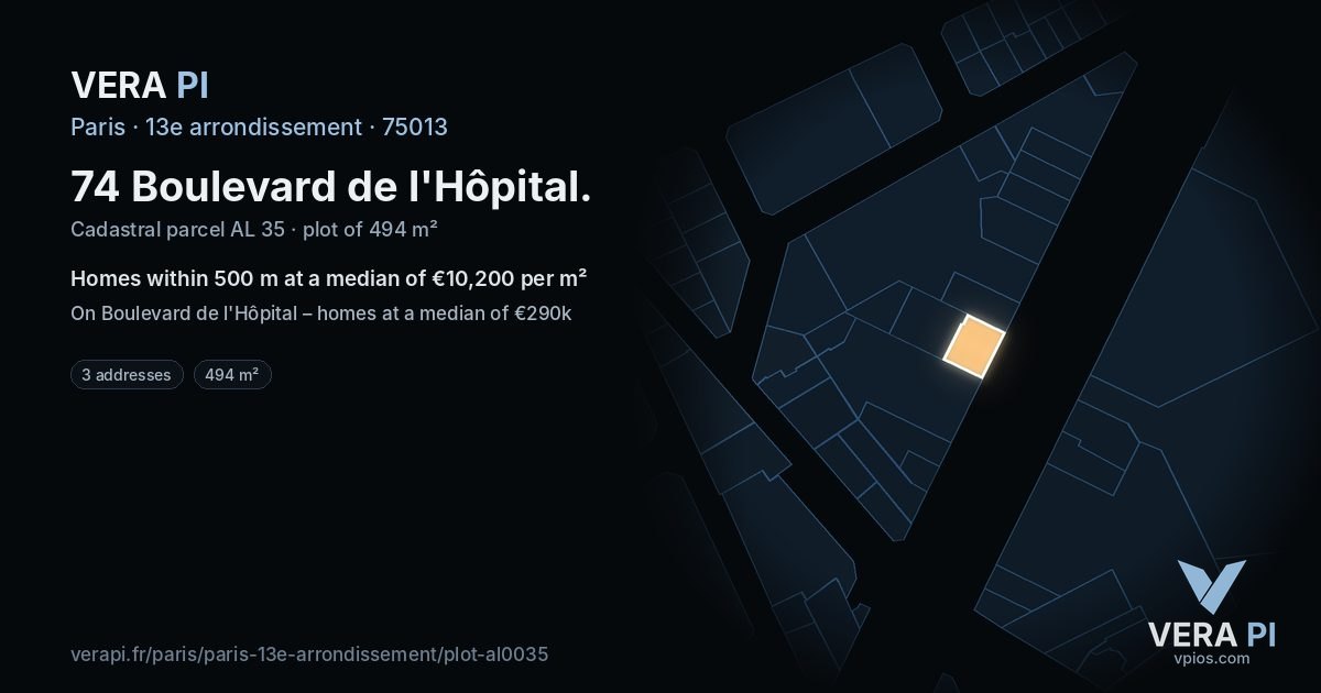 74 Boulevard de l'Hôpital, 13e arrondissement at night – the plot lit, the parcels around coloured by the prices near them