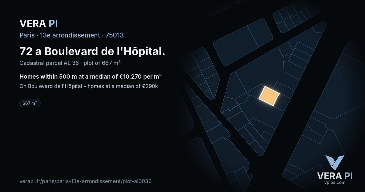 72 a Boulevard de l'Hôpital, 13e arrondissement at night – the plot lit, the parcels around coloured by the prices near them