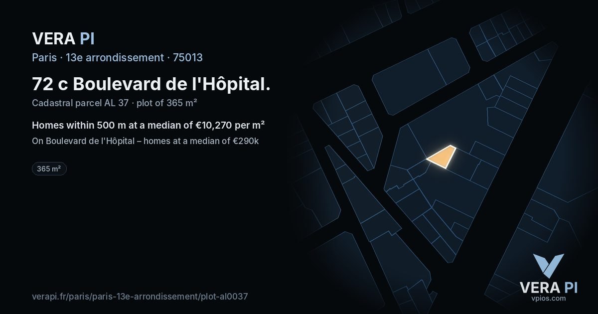 72 c Boulevard de l'Hôpital, 13e arrondissement at night – the plot lit, the parcels around coloured by the prices near them