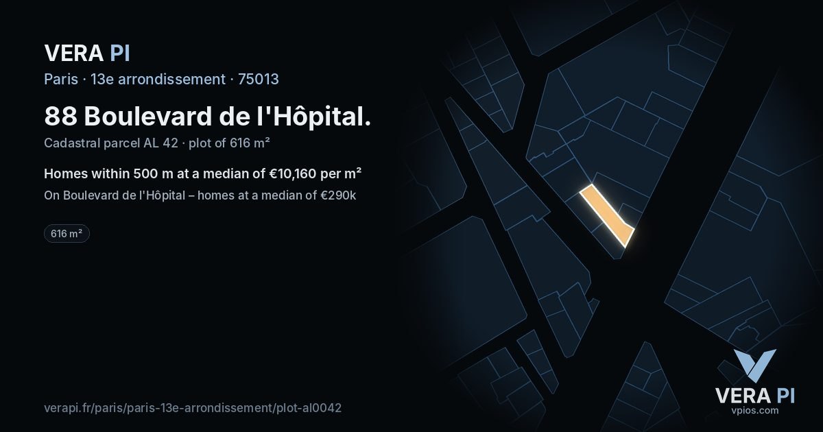 88 Boulevard de l'Hôpital, 13e arrondissement at night – the plot lit, the parcels around coloured by the prices near them