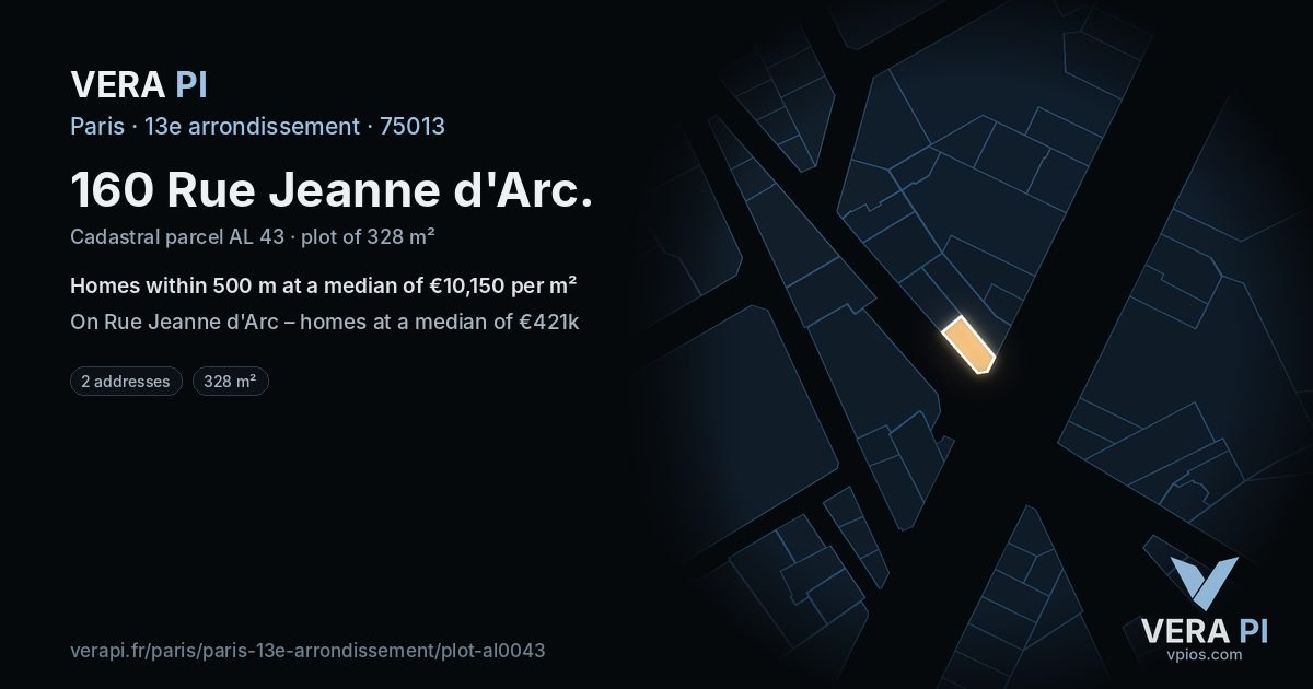 160 Rue Jeanne d'Arc, 13e arrondissement at night – the plot lit, the parcels around coloured by the prices near them