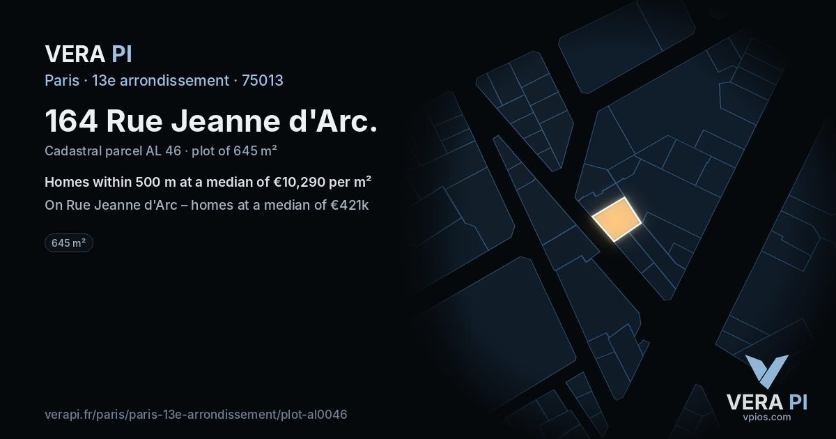 164 Rue Jeanne d'Arc, 13e arrondissement at night – the plot lit, the parcels around coloured by the prices near them
