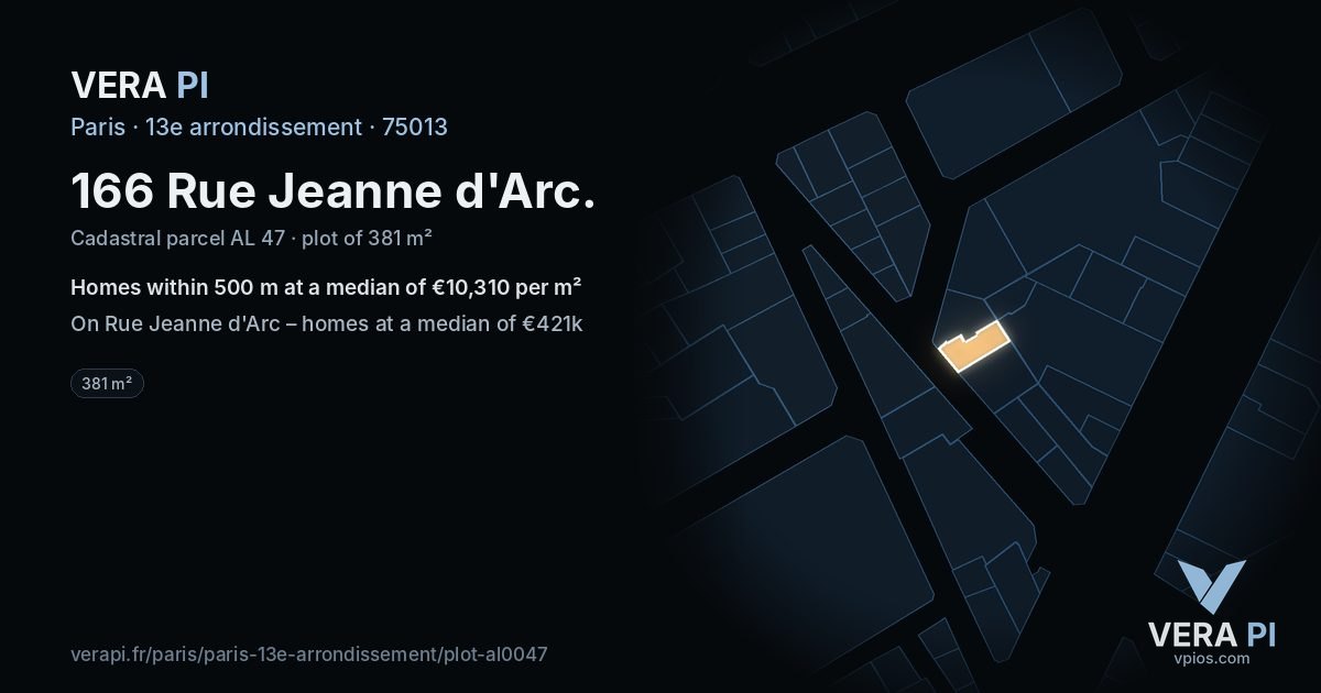 166 Rue Jeanne d'Arc, 13e arrondissement at night – the plot lit, the parcels around coloured by the prices near them