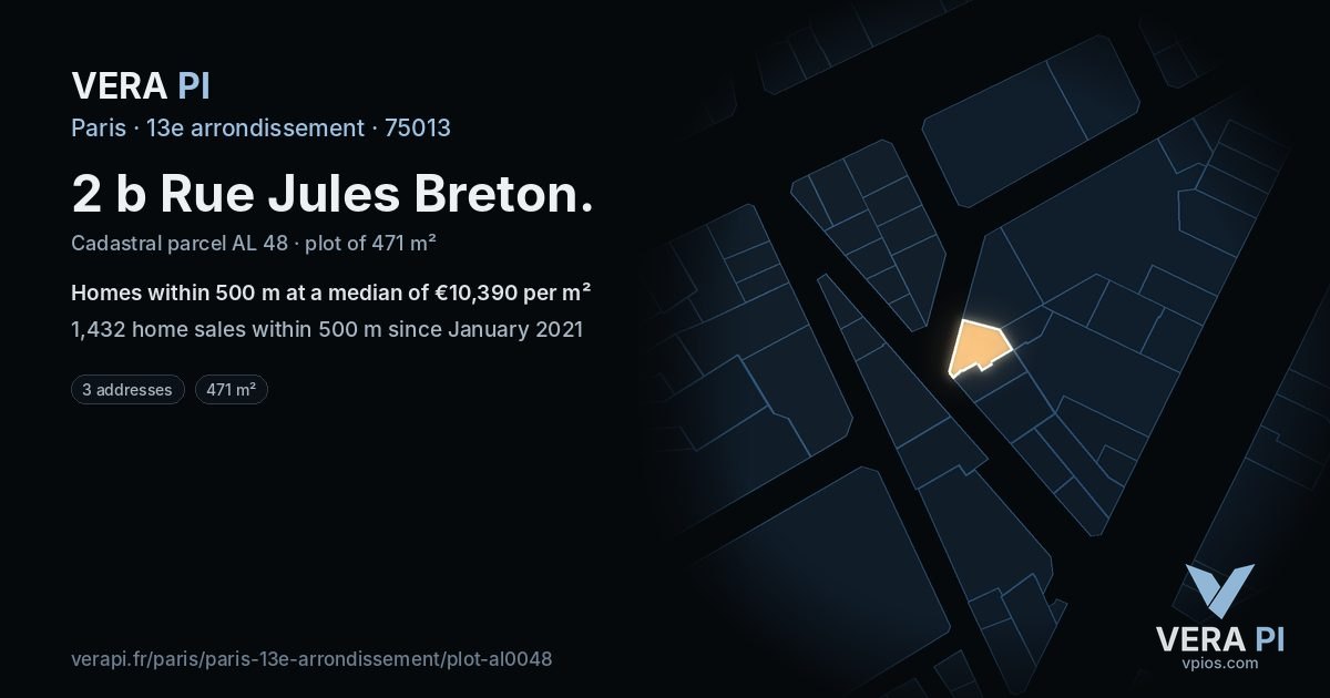 2 b Rue Jules Breton, 13e arrondissement at night – the plot lit, the parcels around coloured by the prices near them