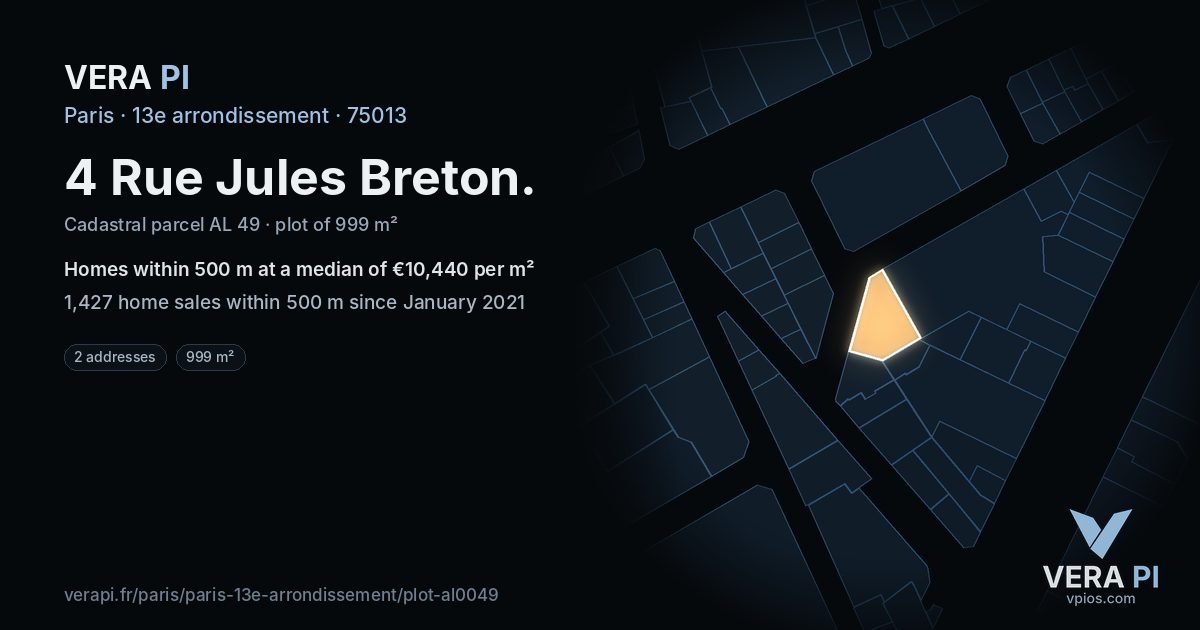 4 Rue Jules Breton, 13e arrondissement at night – the plot lit, the parcels around coloured by the prices near them
