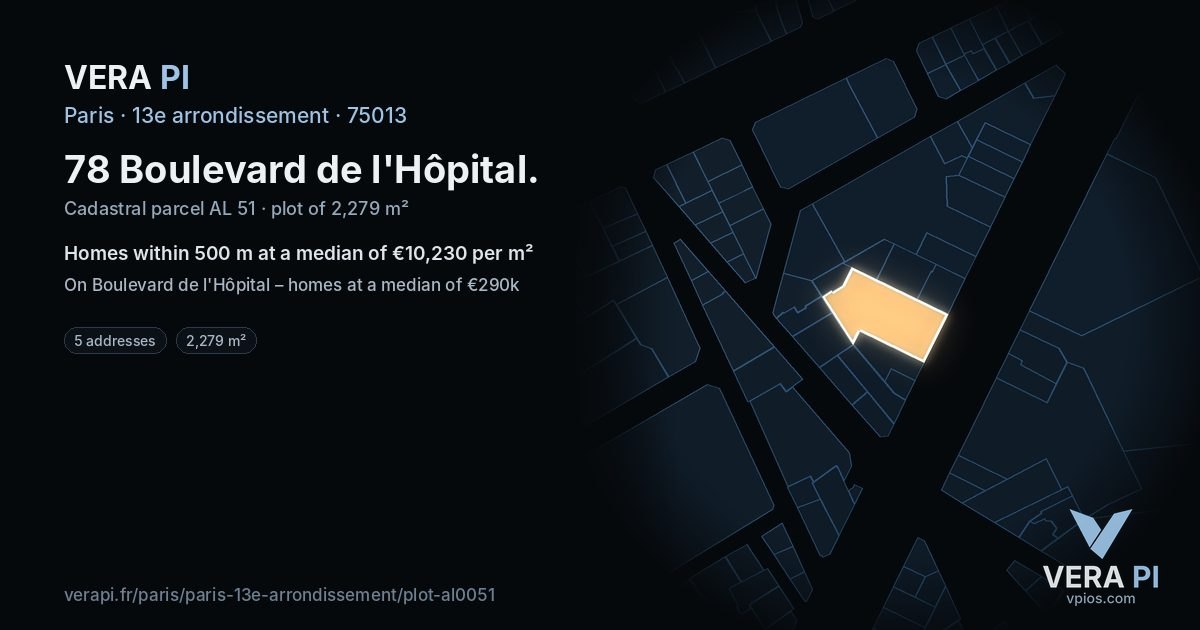 78 Boulevard de l'Hôpital, 13e arrondissement at night – the plot lit, the parcels around coloured by the prices near them