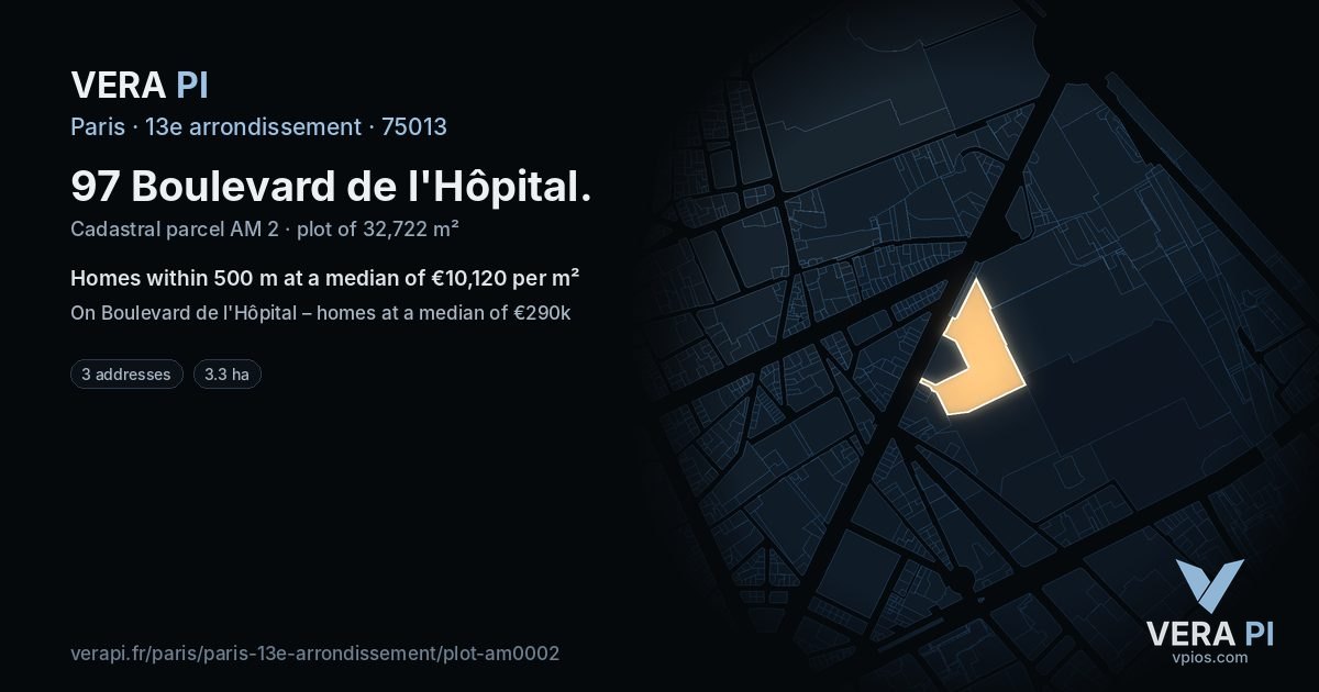 97 Boulevard de l'Hôpital, 13e arrondissement at night – the plot lit, the parcels around coloured by the prices near them