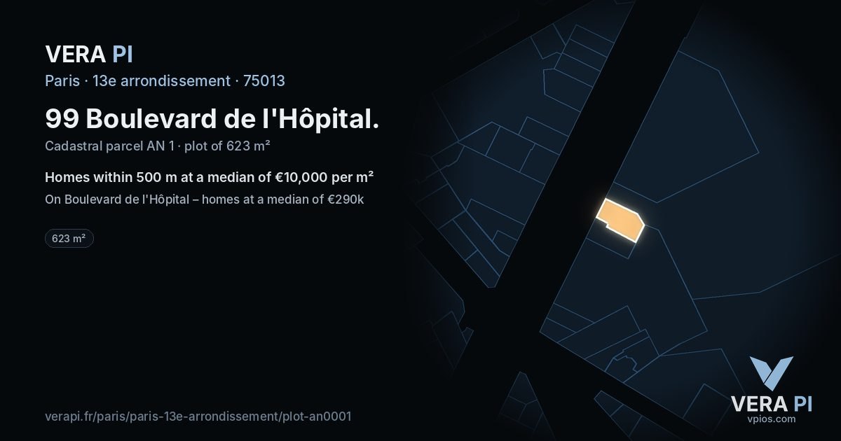 99 Boulevard de l'Hôpital, 13e arrondissement at night – the plot lit, the parcels around coloured by the prices near them