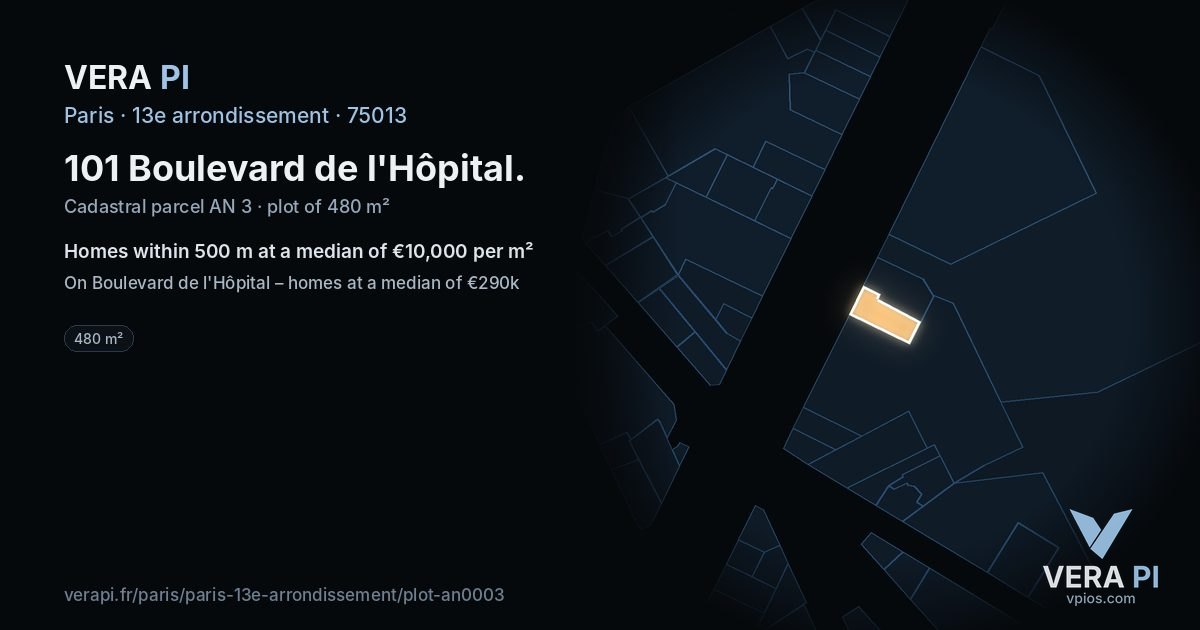 101 Boulevard de l'Hôpital, 13e arrondissement at night – the plot lit, the parcels around coloured by the prices near them