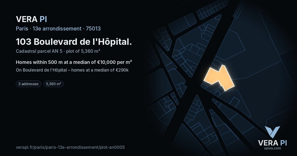 103 Boulevard de l'Hôpital, 13e arrondissement at night – the plot lit, the parcels around coloured by the prices near them