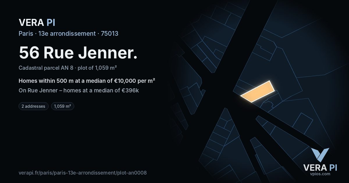 56 Rue Jenner, 13e arrondissement at night – the plot lit, the parcels around coloured by the prices near them