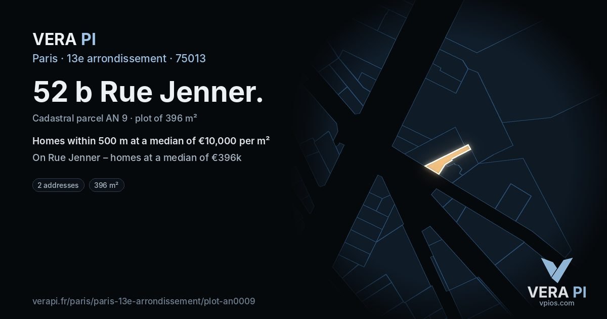 52 b Rue Jenner, 13e arrondissement at night – the plot lit, the parcels around coloured by the prices near them