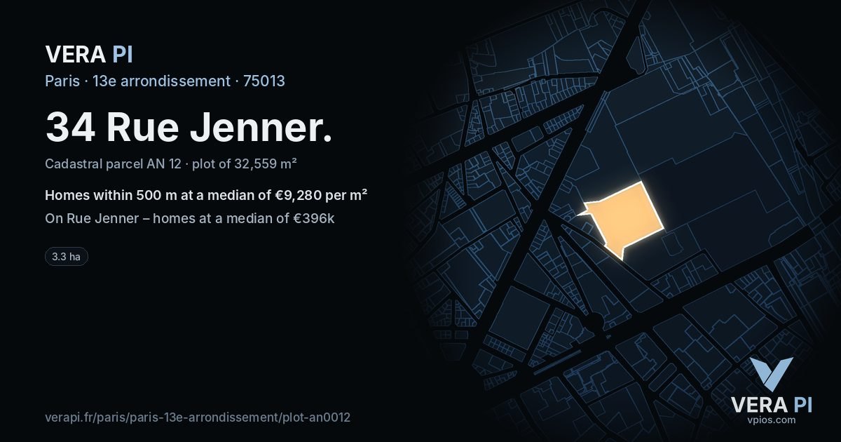 34 Rue Jenner, 13e arrondissement at night – the plot lit, the parcels around coloured by the prices near them
