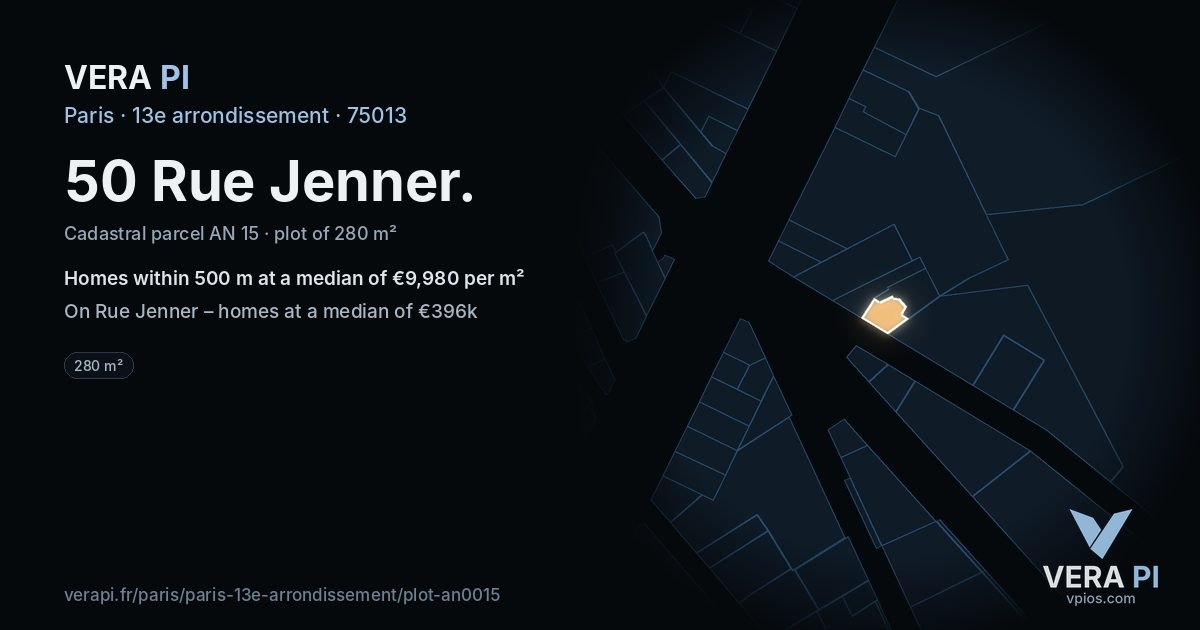 50 Rue Jenner, 13e arrondissement at night – the plot lit, the parcels around coloured by the prices near them
