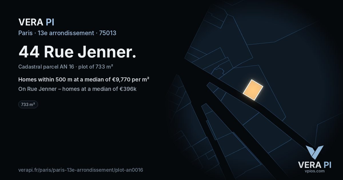 44 Rue Jenner, 13e arrondissement at night – the plot lit, the parcels around coloured by the prices near them