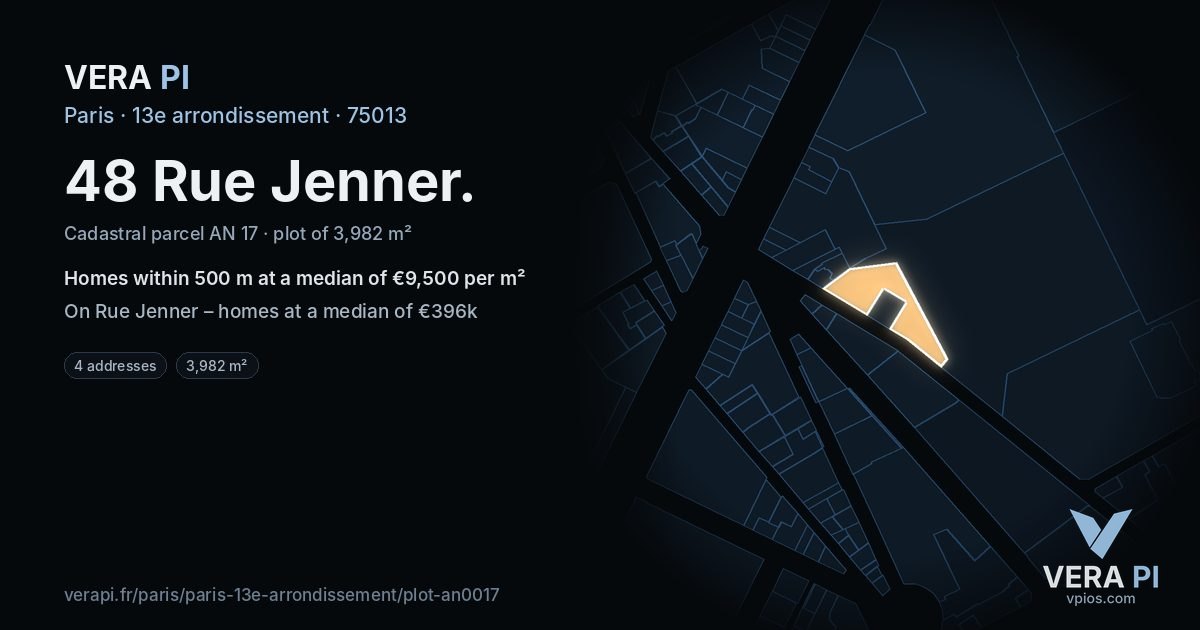 48 Rue Jenner, 13e arrondissement at night – the plot lit, the parcels around coloured by the prices near them