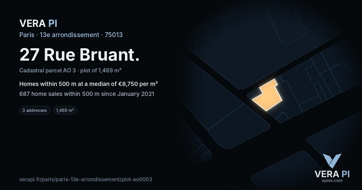 27 Rue Bruant, 13e arrondissement at night – the plot lit, the parcels around coloured by the prices near them