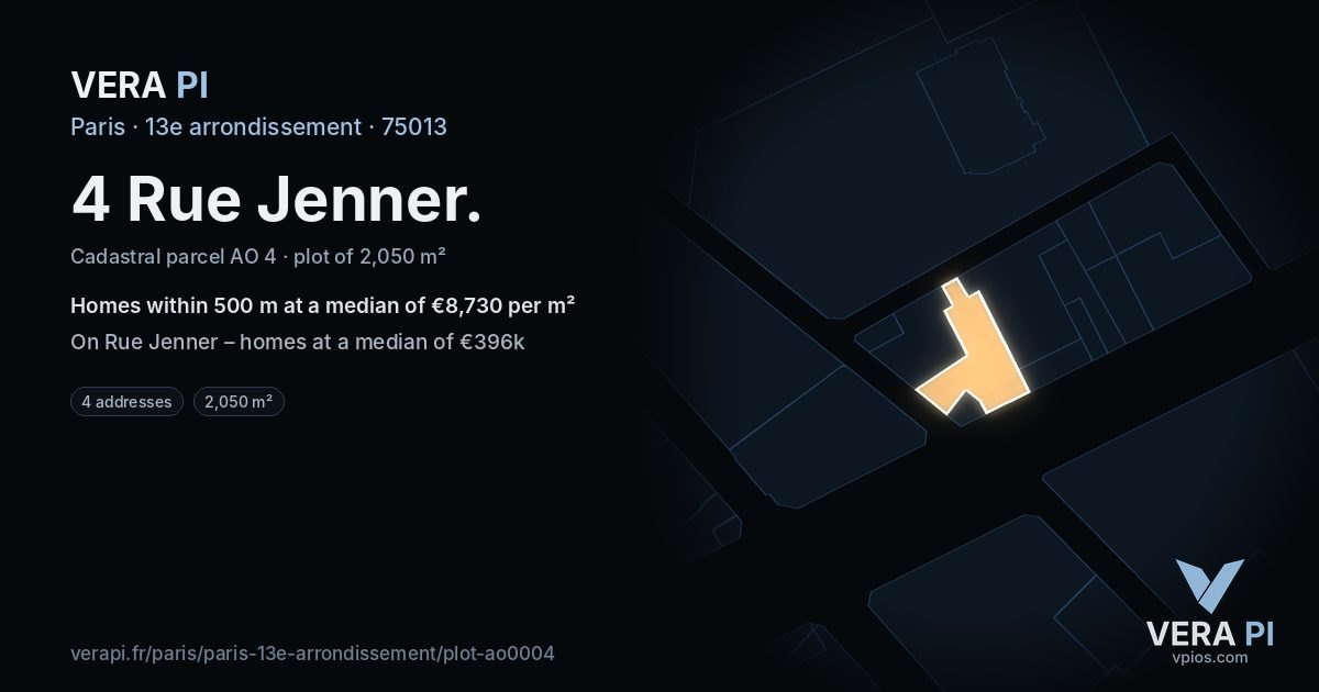 4 Rue Jenner, 13e arrondissement at night – the plot lit, the parcels around coloured by the prices near them