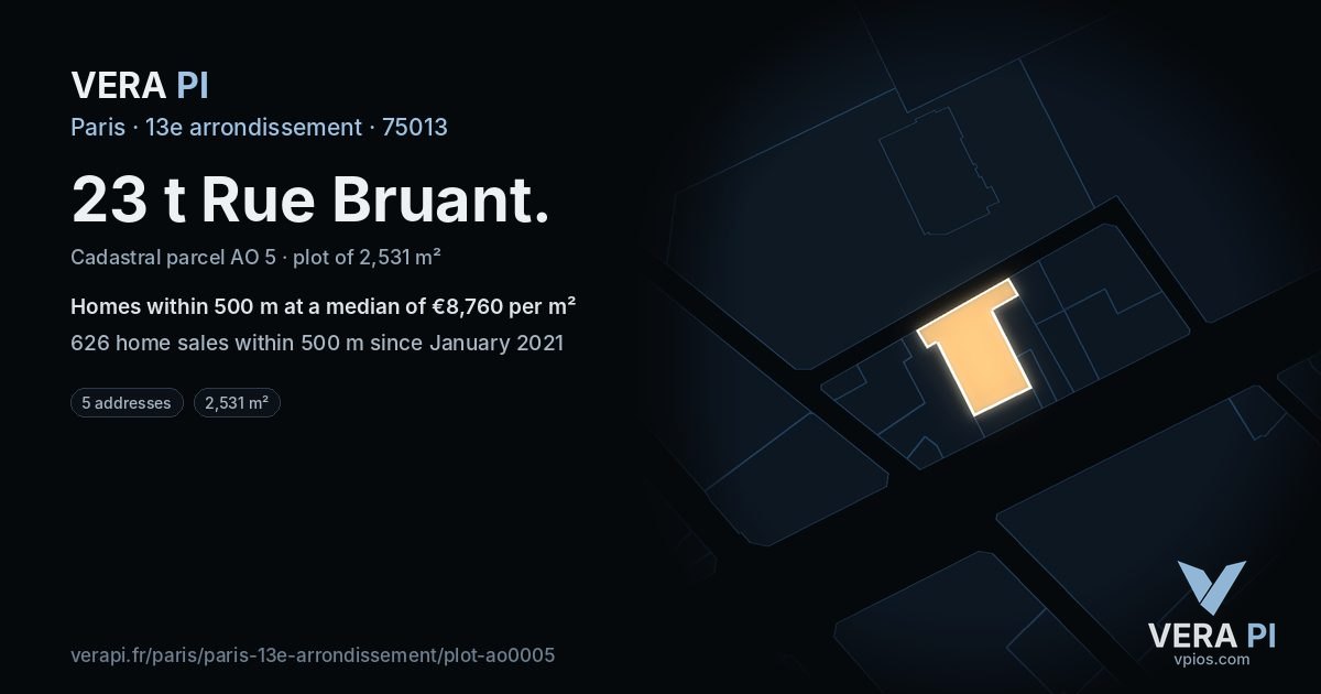 23 t Rue Bruant, 13e arrondissement at night – the plot lit, the parcels around coloured by the prices near them