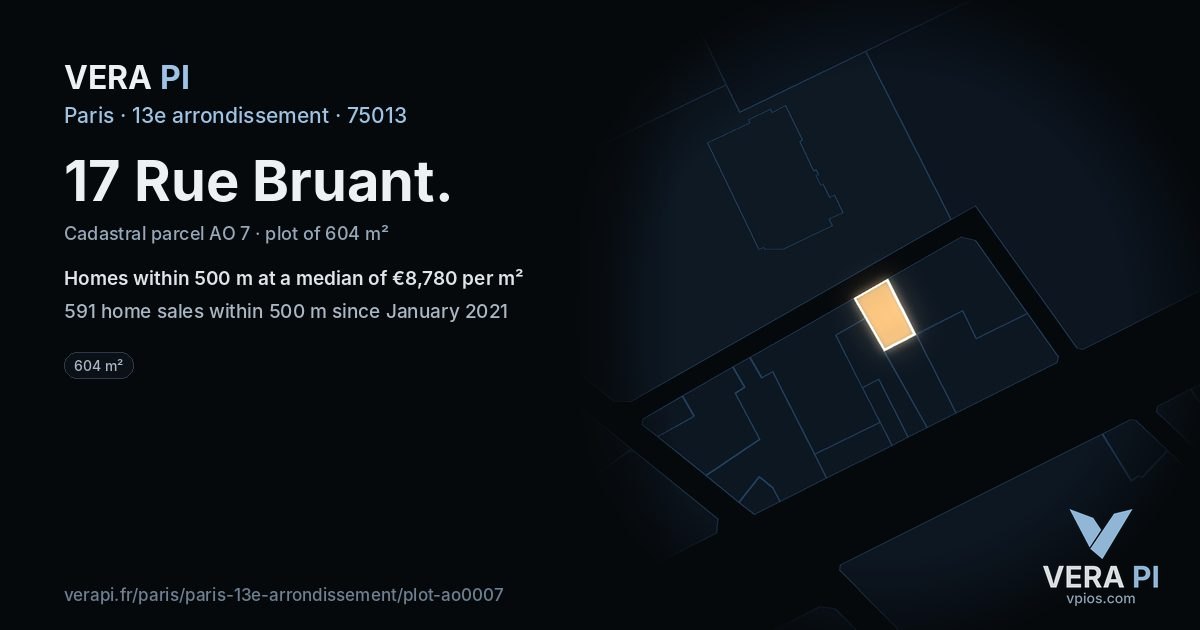 17 Rue Bruant, 13e arrondissement at night – the plot lit, the parcels around coloured by the prices near them