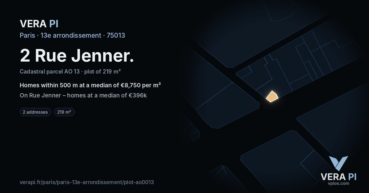 2 Rue Jenner, 13e arrondissement at night – the plot lit, the parcels around coloured by the prices near them
