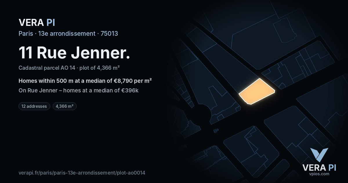11 Rue Jenner, 13e arrondissement at night – the plot lit, the parcels around coloured by the prices near them