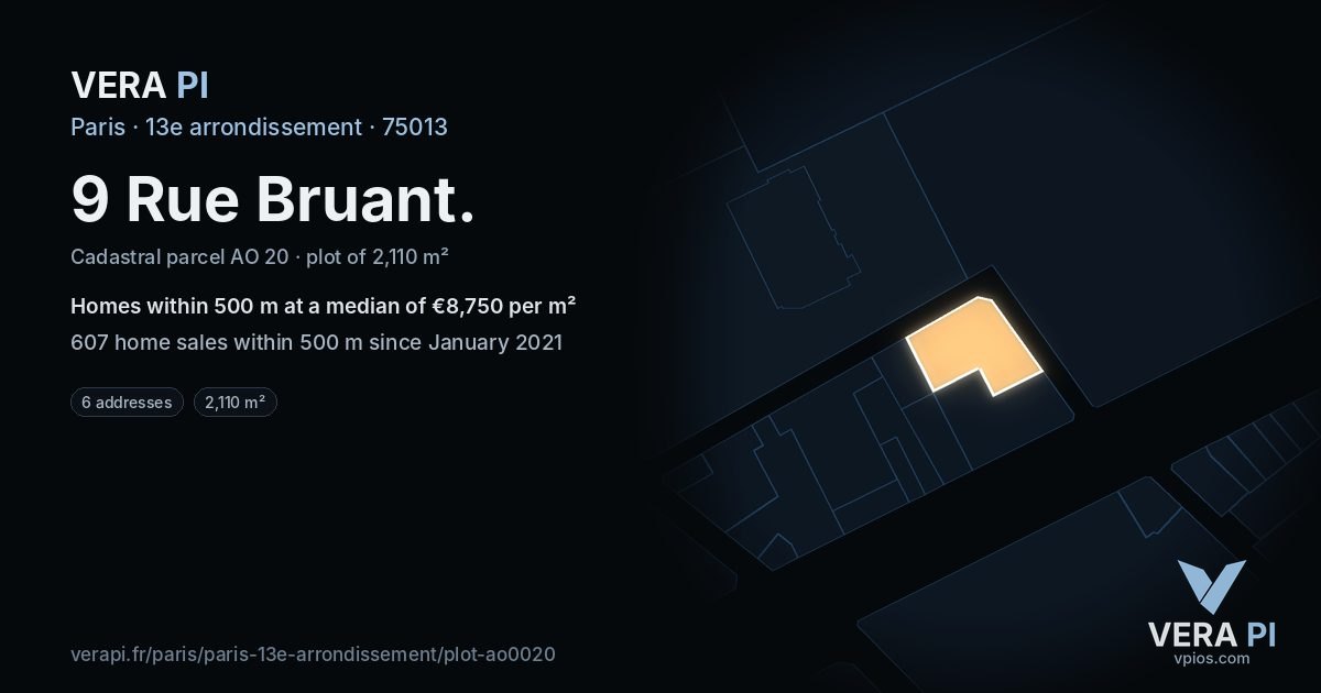 9 Rue Bruant, 13e arrondissement at night – the plot lit, the parcels around coloured by the prices near them