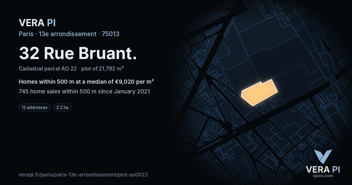 32 Rue Bruant, 13e arrondissement at night – the plot lit, the parcels around coloured by the prices near them