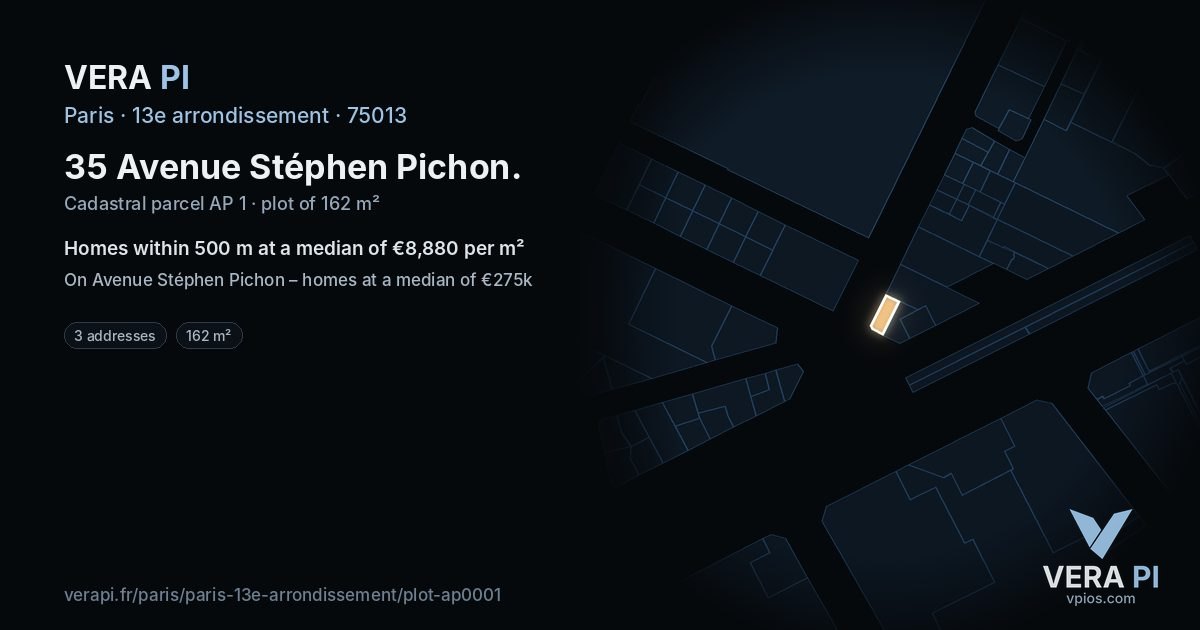 35 Avenue Stéphen Pichon, 13e arrondissement at night – the plot lit, the parcels around coloured by the prices near them