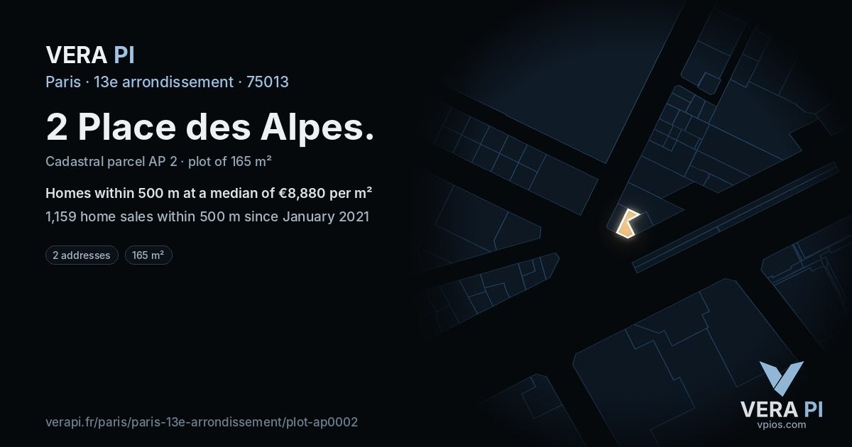 2 Place des Alpes, 13e arrondissement at night – the plot lit, the parcels around coloured by the prices near them