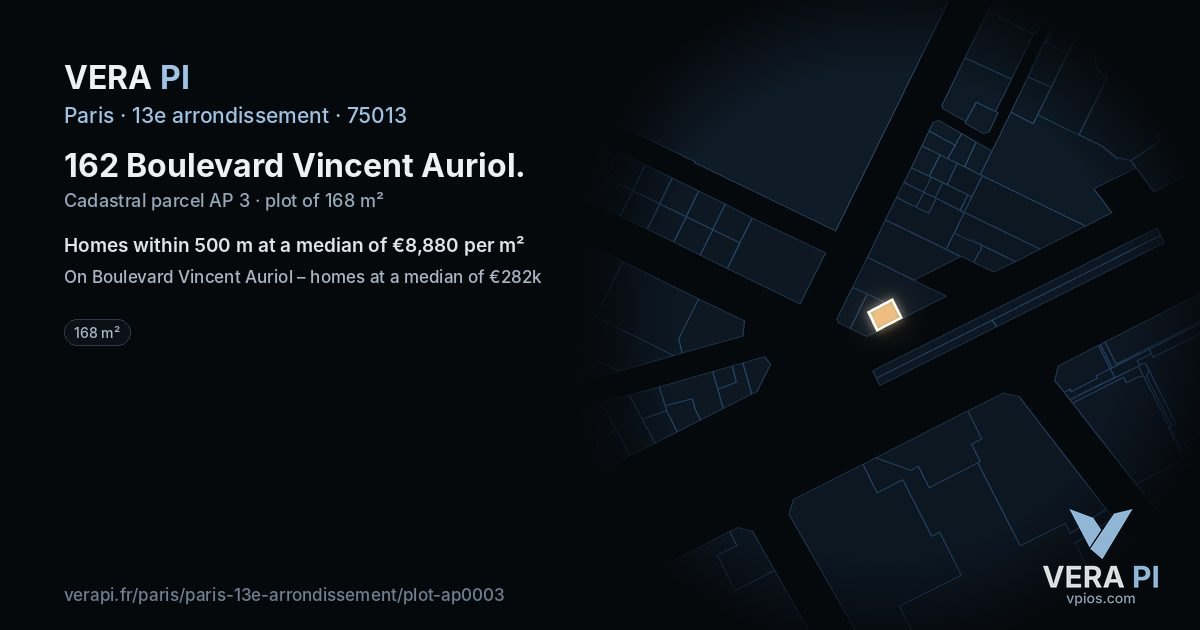 162 Boulevard Vincent Auriol, 13e arrondissement at night – the plot lit, the parcels around coloured by the prices near them