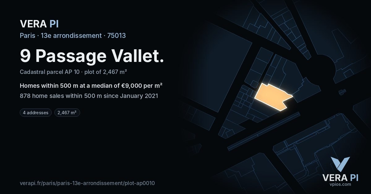 9 Passage Vallet, 13e arrondissement at night – the plot lit, the parcels around coloured by the prices near them