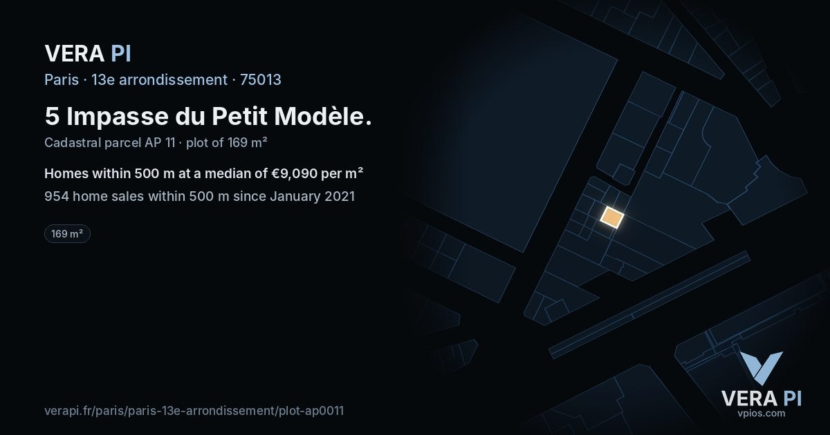5 Impasse du Petit Modèle, 13e arrondissement at night – the plot lit, the parcels around coloured by the prices near them