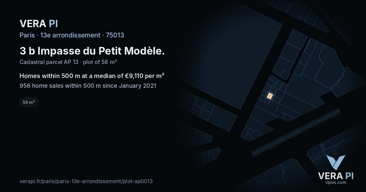 3 b Impasse du Petit Modèle, 13e arrondissement at night – the plot lit, the parcels around coloured by the prices near them