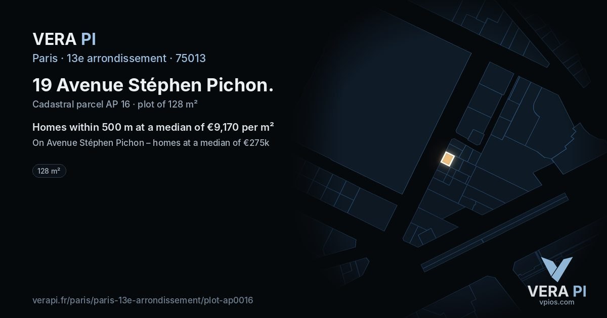 19 Avenue Stéphen Pichon, 13e arrondissement at night – the plot lit, the parcels around coloured by the prices near them