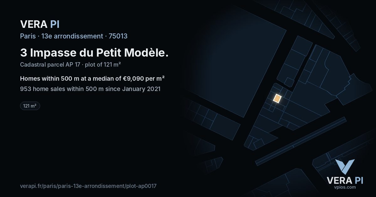 3 Impasse du Petit Modèle, 13e arrondissement at night – the plot lit, the parcels around coloured by the prices near them