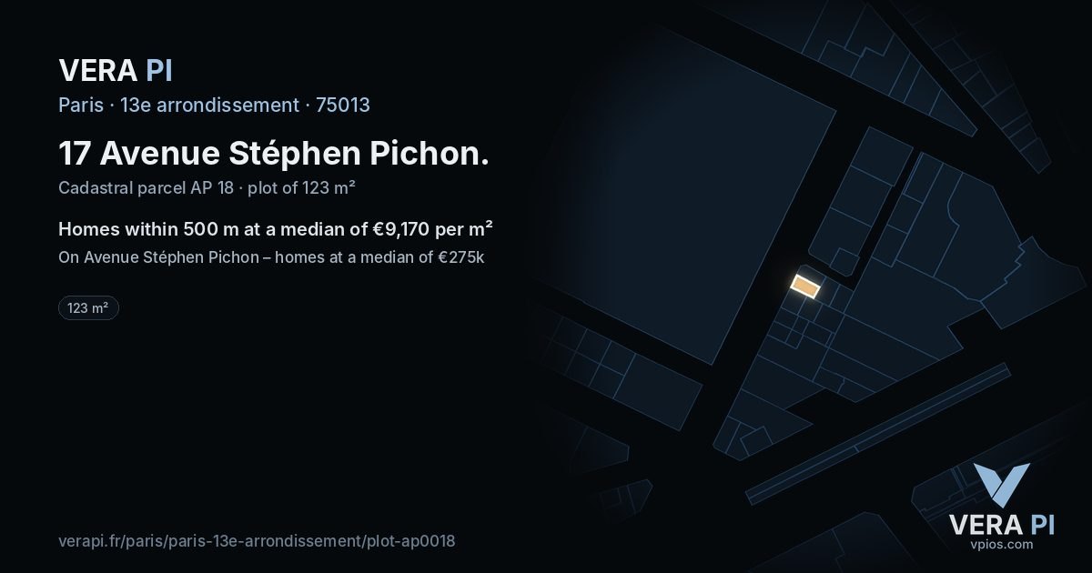 17 Avenue Stéphen Pichon, 13e arrondissement at night – the plot lit, the parcels around coloured by the prices near them