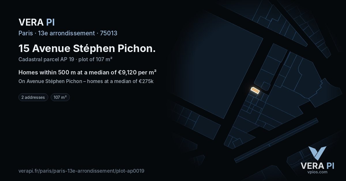 15 Avenue Stéphen Pichon, 13e arrondissement at night – the plot lit, the parcels around coloured by the prices near them