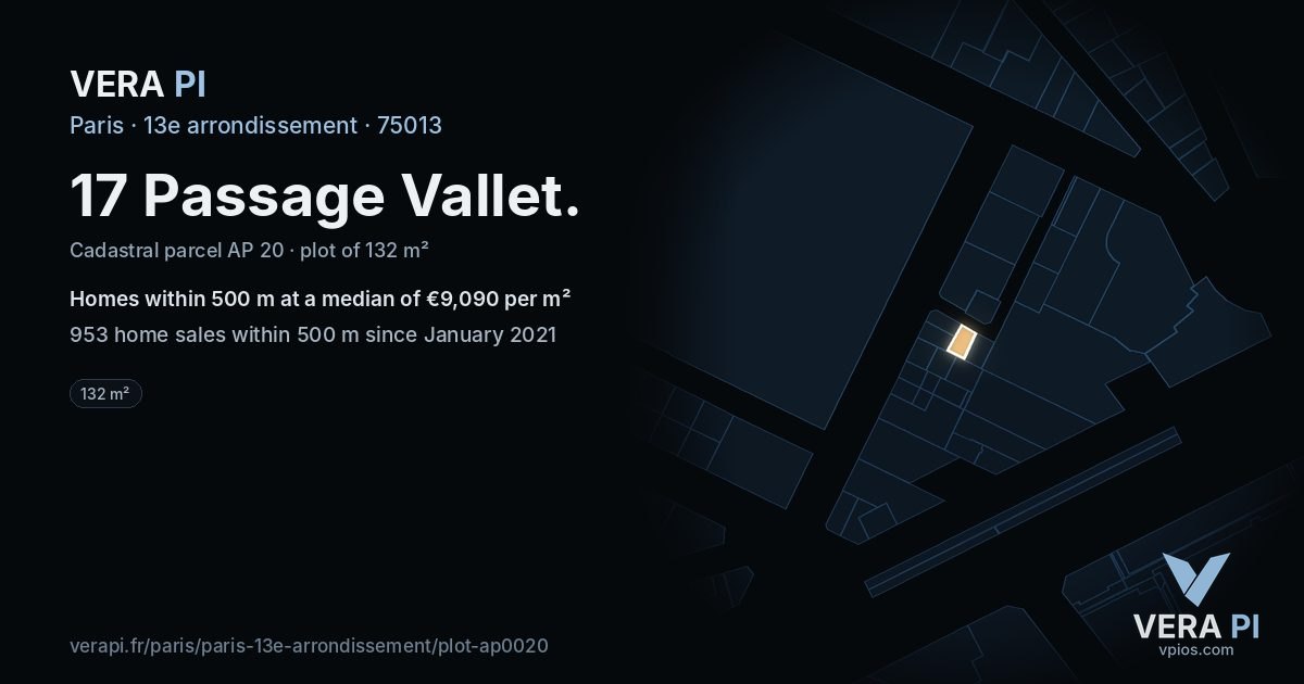 17 Passage Vallet, 13e arrondissement at night – the plot lit, the parcels around coloured by the prices near them